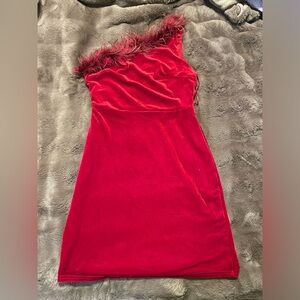 Lena One Shoulder Red Velvet Dress with Feather Detail